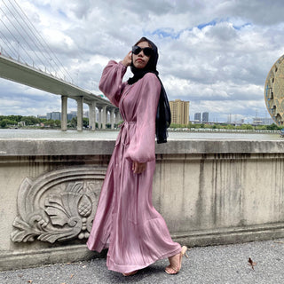 1926# 10 Colors New Design Long Sleeve Shiny Silk Muslim Dress - CHAOMENG MUSLIM SHOP