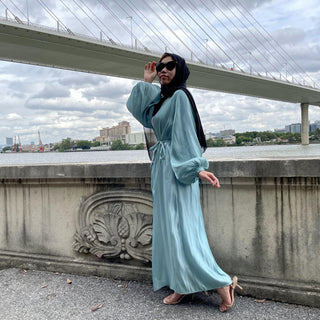 1926# 10 Colors New Design Long Sleeve Shiny Silk Muslim Dress - CHAOMENG MUSLIM SHOP
