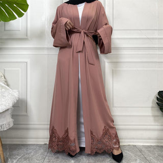 1947# Long Sleeve Beautiful Lace Elegant Simple Abaya For Muslim Women - CHAOMENG MUSLIM SHOP