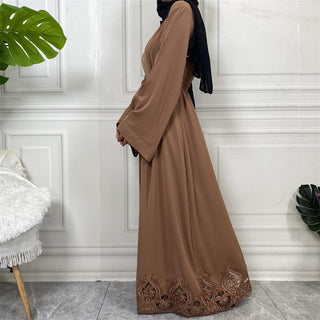 1947# Long Sleeve Beautiful Lace Elegant Simple Abaya For Muslim Women - CHAOMENG MUSLIM SHOP