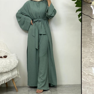 1958#3 PCS women cardigan set muslim open abaya sleeveless top and elastic waist loose pant with pockets sets - Premium  from CHAOMENG - Just $38.90! Shop now at CHAOMENG MUSLIM SHOP