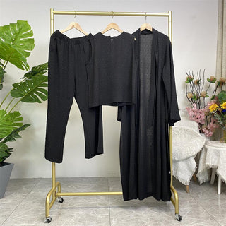 1958#3 PCS women cardigan set muslim open abaya sleeveless top and elastic waist loose pant with pockets sets - Premium  from CHAOMENG - Just $38.90! Shop now at CHAOMENG MUSLIM SHOP