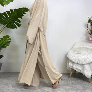 1958#3 PCS women cardigan set muslim open abaya sleeveless top and elastic waist loose pant with pockets sets - Premium  from CHAOMENG - Just $38.90! Shop now at CHAOMENG MUSLIM SHOP