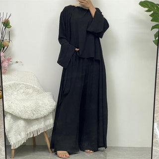 1958#3 PCS women cardigan set muslim open abaya sleeveless top and elastic waist loose pant with pockets sets - Premium  from CHAOMENG - Just $38.90! Shop now at CHAOMENG MUSLIM SHOP