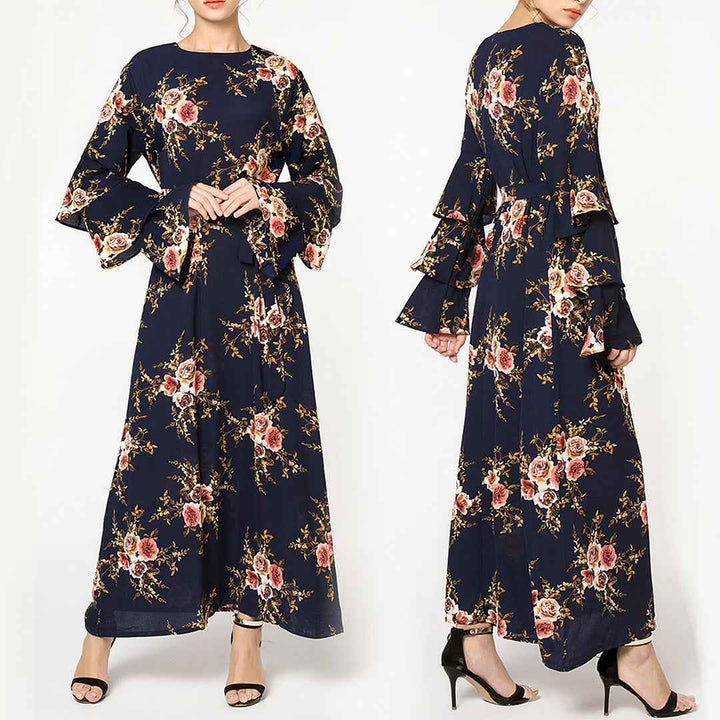 9071# Romantic Rose Print Dress, Elegant Long Sleeve Flare Cuff Design, Perfect for Daily Wear & Parties, Unique Fashion Style