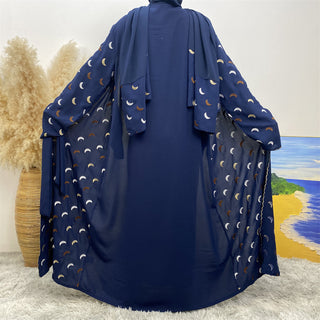 2002#  [With Scarf] 4 Colors Fashion Woman Open Muslim Abaya With Embroidered Moon - Premium 服装 from CHAOMENG - Just $32.90! Shop now at CHAOMENG MUSLIM SHOP