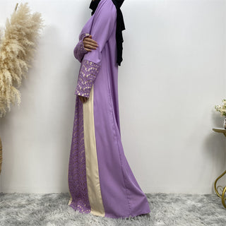 2007# Round neck front zipper women dress korea linen long sleeve fashion plus size dresses with matching color lace