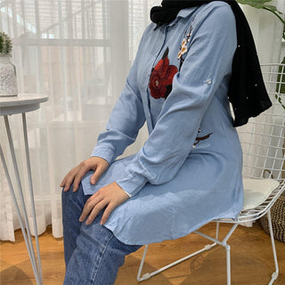 2055#Casual Muslim Shirt Blue Blouses With Flora - Premium  from CHAOMENG - Just $26.90! Shop now at CHAOMENG MUSLIM SHOP