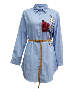 2055#Casual Muslim Shirt Blue Blouses With Flora - Premium  from CHAOMENG - Just $26.90! Shop now at CHAOMENG MUSLIM SHOP