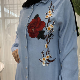 2055#Casual Muslim Shirt Blue Blouses With Flora - Premium  from CHAOMENG - Just $26.90! Shop now at CHAOMENG MUSLIM SHOP