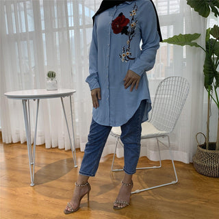 2055#Casual Muslim Shirt Blue Blouses With Flora - Premium  from CHAOMENG - Just $26.90! Shop now at CHAOMENG MUSLIM SHOP