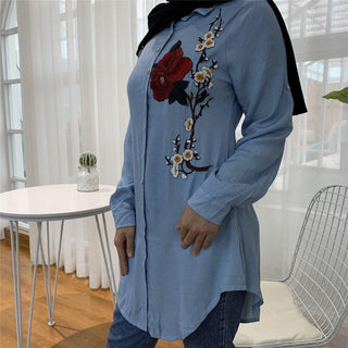 2055#Casual Muslim Shirt Blue Blouses With Flora - Premium  from CHAOMENG - Just $26.90! Shop now at CHAOMENG MUSLIM SHOP