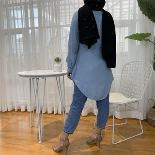 2055#Casual Muslim Shirt Blue Blouses With Flora - Premium  from CHAOMENG - Just $26.90! Shop now at CHAOMENG MUSLIM SHOP