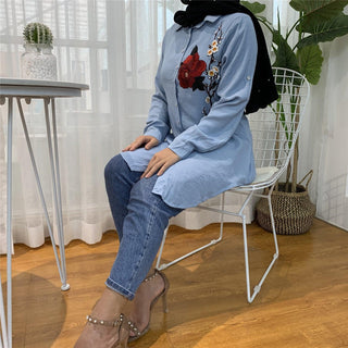 2055#Casual Muslim Shirt Blue Blouses With Flora - Premium  from CHAOMENG - Just $26.90! Shop now at CHAOMENG MUSLIM SHOP