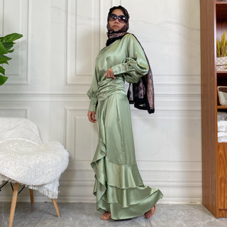 2237#+2238# Latest Fashion Set Thick Satin Lace Up Top And Pretty Pleated Zipper Skirt  Abaya Suit - Premium  from CHAOMENG - Just $33.90! Shop now at CHAOMENG MUSLIM SHOP