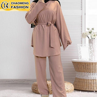 2272#2 Piece Muslim Women Set Long Blouse Flare Pants - Premium  from Chaomeng Store - Just $25.90! Shop now at CHAOMENG MUSLIM SHOP