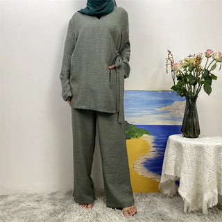 2347+1909#  New Classy Soft Linen Lace Up Tops And Pockets Pant 2 PCS Set Muslim Abaya