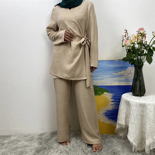 2347+1909#  New Classy Soft Linen Lace Up Tops And Pockets Pant 2 PCS Set Muslim Abaya