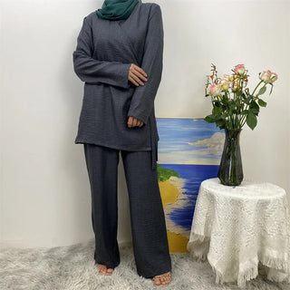 2347+1909#  New Classy Soft Linen Lace Up Tops And Pockets Pant 2 PCS Set Muslim Abaya