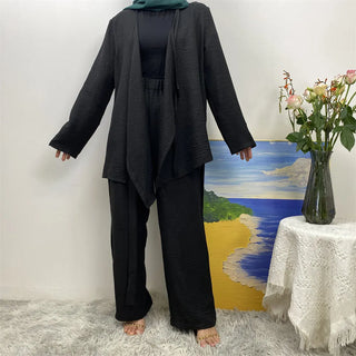 2347+1909#  New Classy Soft Linen Lace Up Tops And Pockets Pant 2 PCS Set Muslim Abaya