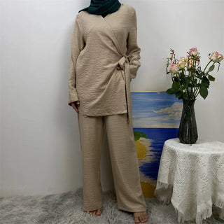 2347+1909#  New Classy Soft Linen Lace Up Tops And Pockets Pant 2 PCS Set Muslim Abaya