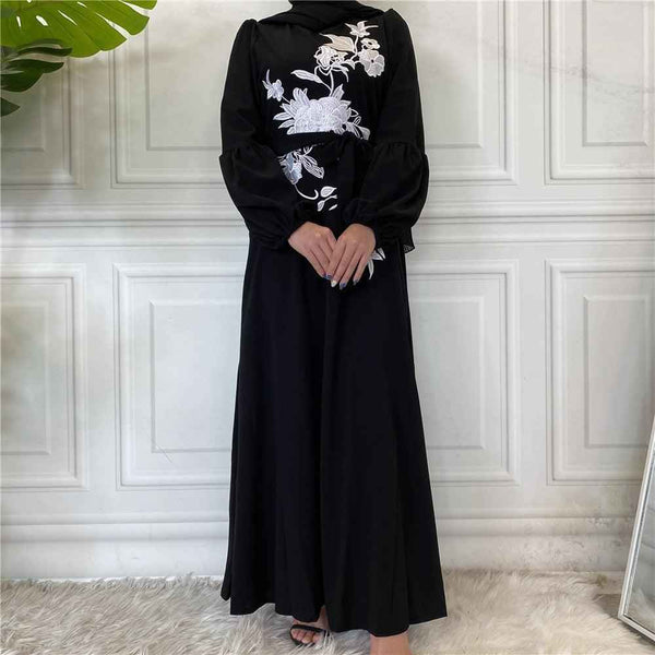 6214#Eid Middle East Flowers Embroidery Hijab Dress
