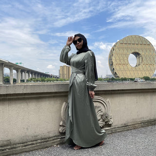 6345#Eid Mubarek Abaya Dubai Turkey Satin Hijab Muslim Dress - CHAOMENG MUSLIM SHOP