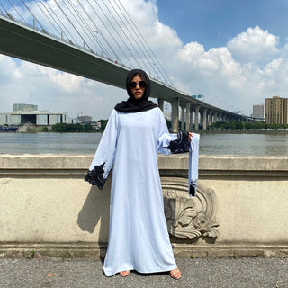 6371#Sliver Lace On Sleeve Plain And Simple Closed Loose Abaya - Premium  from CHAOMENG - Just $29.90! Shop now at CHAOMENG MUSLIM SHOP