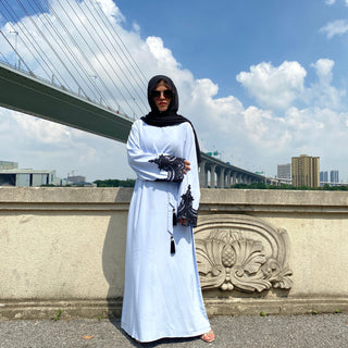 6371#Sliver Lace On Sleeve Plain And Simple Closed Loose Abaya - Premium  from CHAOMENG - Just $29.90! Shop now at CHAOMENG MUSLIM SHOP