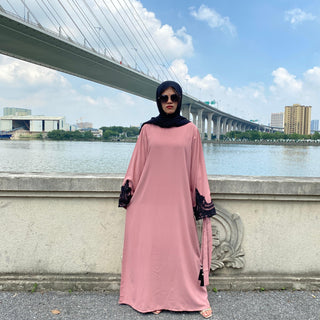 6371#Sliver Lace On Sleeve Plain And Simple Closed Loose Abaya - Premium  from CHAOMENG - Just $29.90! Shop now at CHAOMENG MUSLIM SHOP