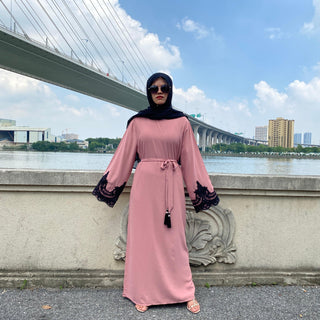 6371#Sliver Lace On Sleeve Plain And Simple Closed Loose Abaya - Premium  from CHAOMENG - Just $29.90! Shop now at CHAOMENG MUSLIM SHOP