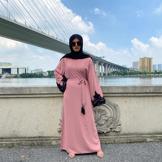 6371#Sliver Lace On Sleeve Plain And Simple Closed Loose Abaya - Premium  from CHAOMENG - Just $29.90! Shop now at CHAOMENG MUSLIM SHOP