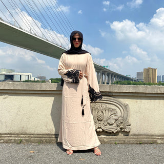 6371#Sliver Lace On Sleeve Plain And Simple Closed Loose Abaya - Premium  from CHAOMENG - Just $29.90! Shop now at CHAOMENG MUSLIM SHOP