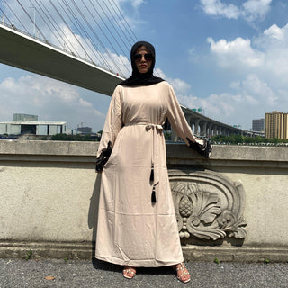 6371#Sliver Lace On Sleeve Plain And Simple Closed Loose Abaya - Premium  from CHAOMENG - Just $29.90! Shop now at CHAOMENG MUSLIM SHOP