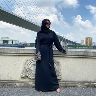 6371#Sliver Lace On Sleeve Plain And Simple Closed Loose Abaya - Premium  from CHAOMENG - Just $29.90! Shop now at CHAOMENG MUSLIM SHOP