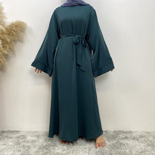 6394# Solid Long Sleeve Tie Waist Crew Neck Dress, Elegant Ruffled Hem Maxi Dress, Women's Clothing CHAOMENG MUSLIM SHOP muslim abaya dress