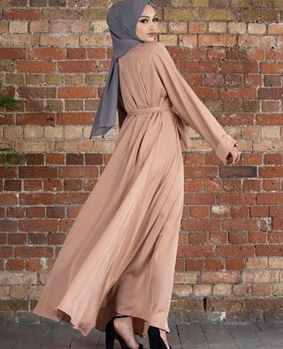 6394# Solid Long Sleeve Tie Waist Crew Neck Dress, Elegant Ruffled Hem Maxi Dress, Women's Clothing CHAOMENG MUSLIM SHOP muslim abaya dress