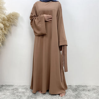 6394# Solid Long Sleeve Tie Waist Crew Neck Dress, Elegant Ruffled Hem Maxi Dress, Women's Clothing [product_type] Chaomeng Store chaomeng.myshopify.com Brown（棕色） / S / China Brown（棕色） S China