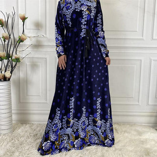 6413#New Muslim Arabic Velvet Pakistani Turkey Dubai Abaya Print  Long Sleeve CHAOMENG MUSLIM SHOP muslim abaya dress