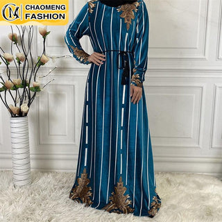 6413#New Muslim Arabic Velvet Pakistani Turkey Dubai Abaya Print  Long Sleeve CHAOMENG MUSLIM SHOP muslim abaya dress