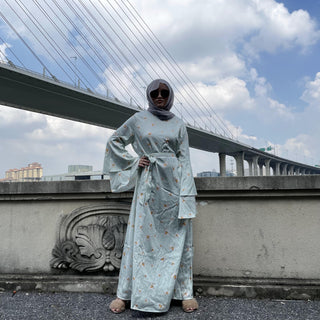 6528#New Arrivals Arab Fashion Printed Lantern Sleeve Cardigan Robe Muslim Dress CHAOMENG MUSLIM SHOP muslim abaya dress