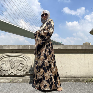 6528#New Arrivals Arab Fashion Printed Lantern Sleeve Cardigan Robe Muslim Dress CHAOMENG MUSLIM SHOP muslim abaya dress