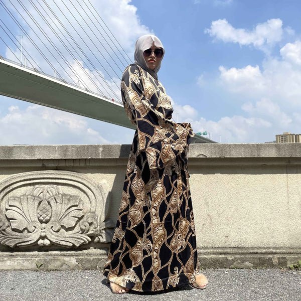 6528#New Arrivals Arab Fashion Printed Lantern Sleeve Cardigan Robe Muslim Dress