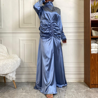 6664# New Arrival Thick Satin High Round Neck Elastic Pleated Waist Big Bottom Long Dress CHAOMENG MUSLIM SHOP muslim abaya dress