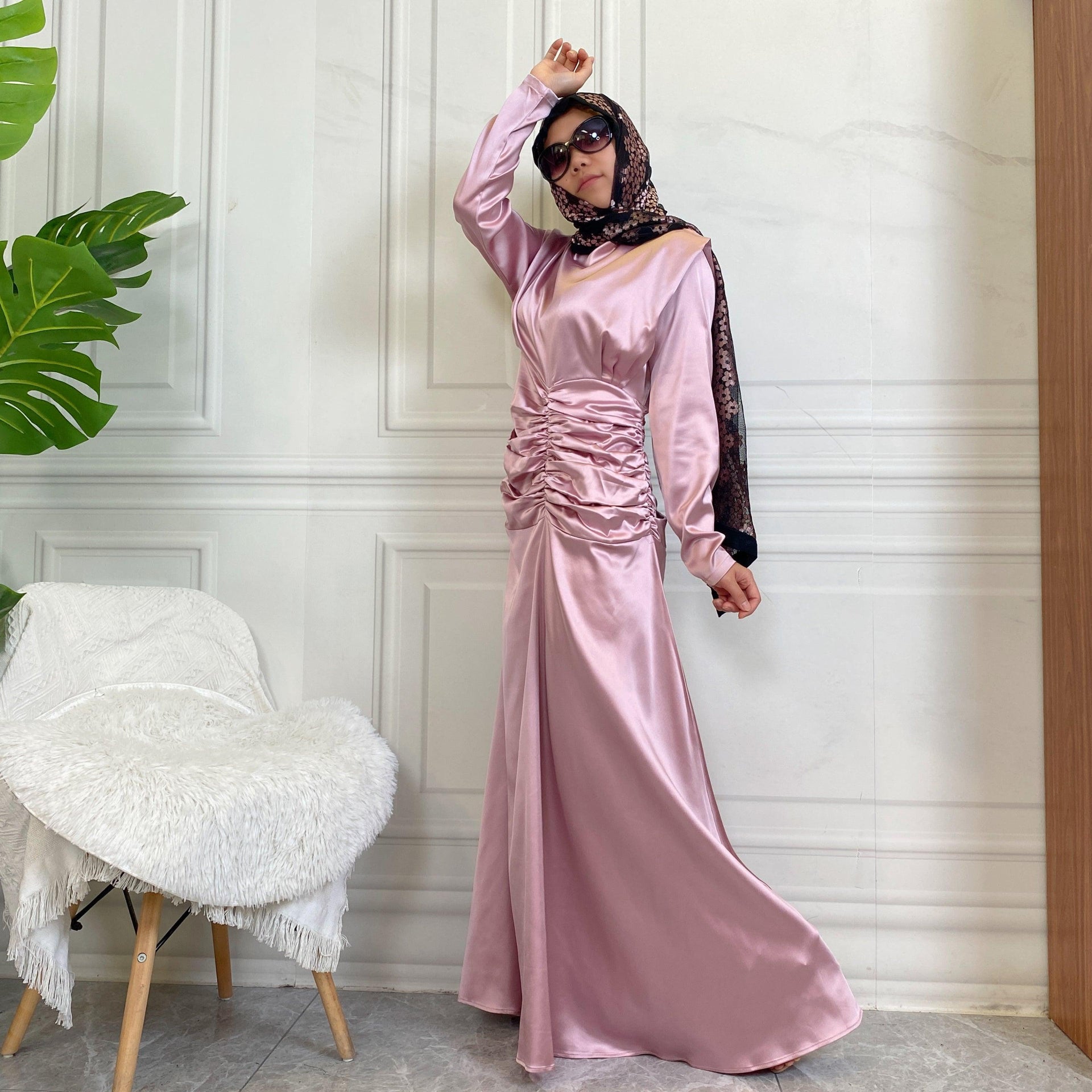 silk dress muslim Women Satin Dress Solid Color Muslim Abaya Long Sleeve Pullover Dresses  Floor Length Dress Robe GN S at Amazon Women's Clothing store