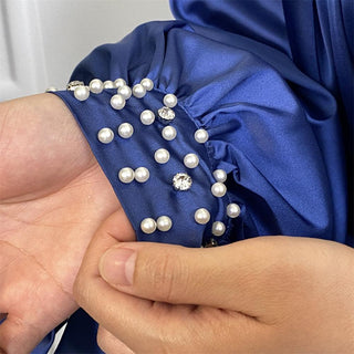 6671# High neck women long dress with white pearls simple CHAOMENG MUSLIM SHOP muslim abaya dress