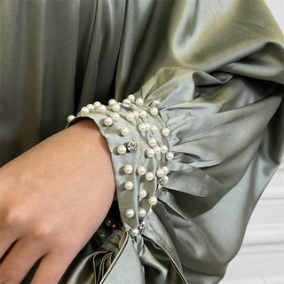 6671# High neck women long dress with white pearls simple CHAOMENG MUSLIM SHOP muslim abaya dress
