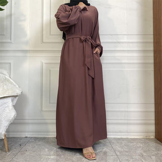 6673# New arrival slim sleeves elastic cuff plain color closed abaya slip dress with pockets CHAOMENG MUSLIM SHOP muslim abaya dress