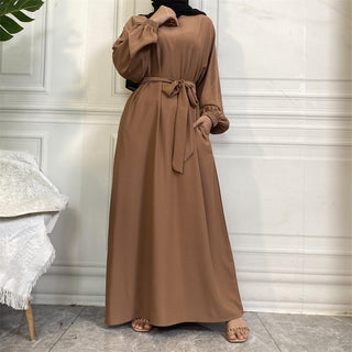 6673# New arrival slim sleeves elastic cuff plain color closed abaya slip dress with pockets CHAOMENG MUSLIM SHOP muslim abaya dress