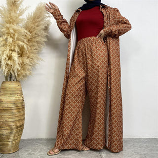 6674#2pcs set(abaya+pant) Set Satin Buttons Abaya 10 Colors CHAOMENG MUSLIM SHOP muslim abaya dress